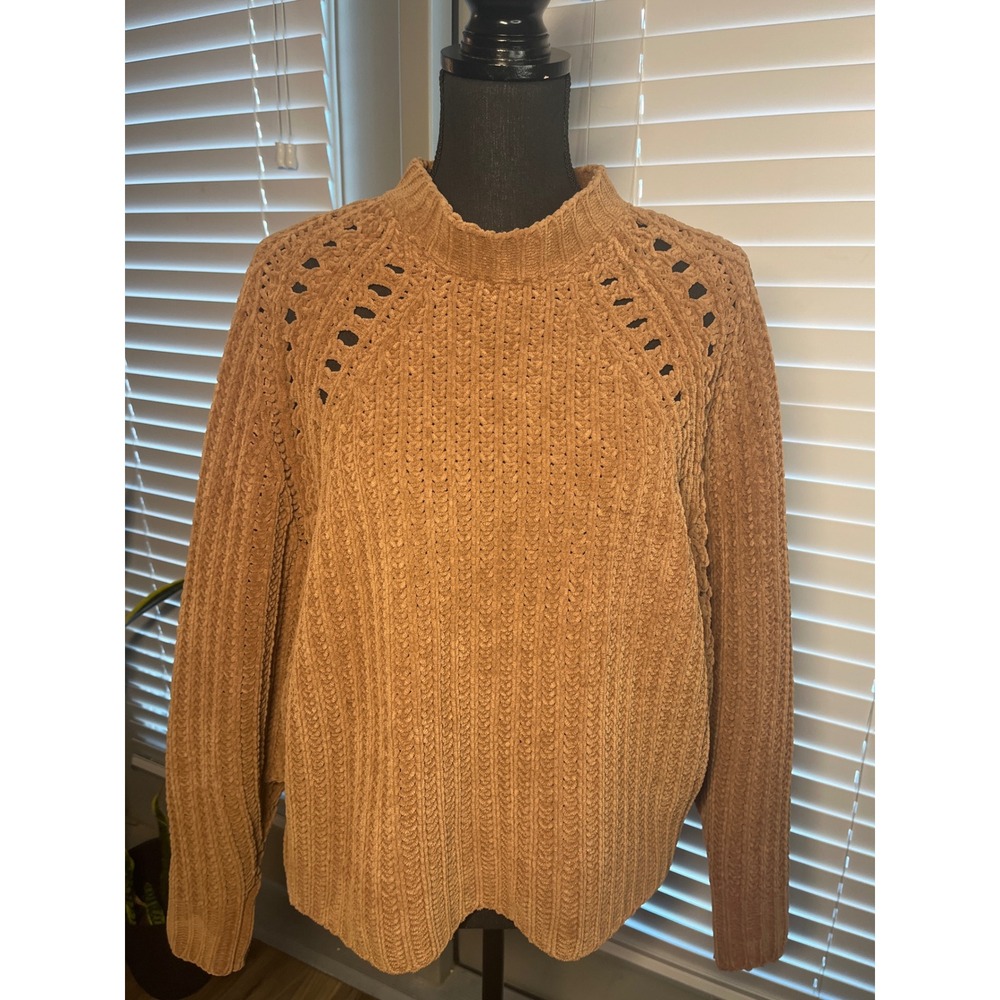 MNG Suit Chenille Knit Sweater Womens S/M Brown Mock Neck Open Knit Cozy